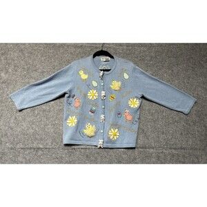 Jack B Quick Womens M Blue Easter Cardigan Chicks Eggs Bunny Embellished